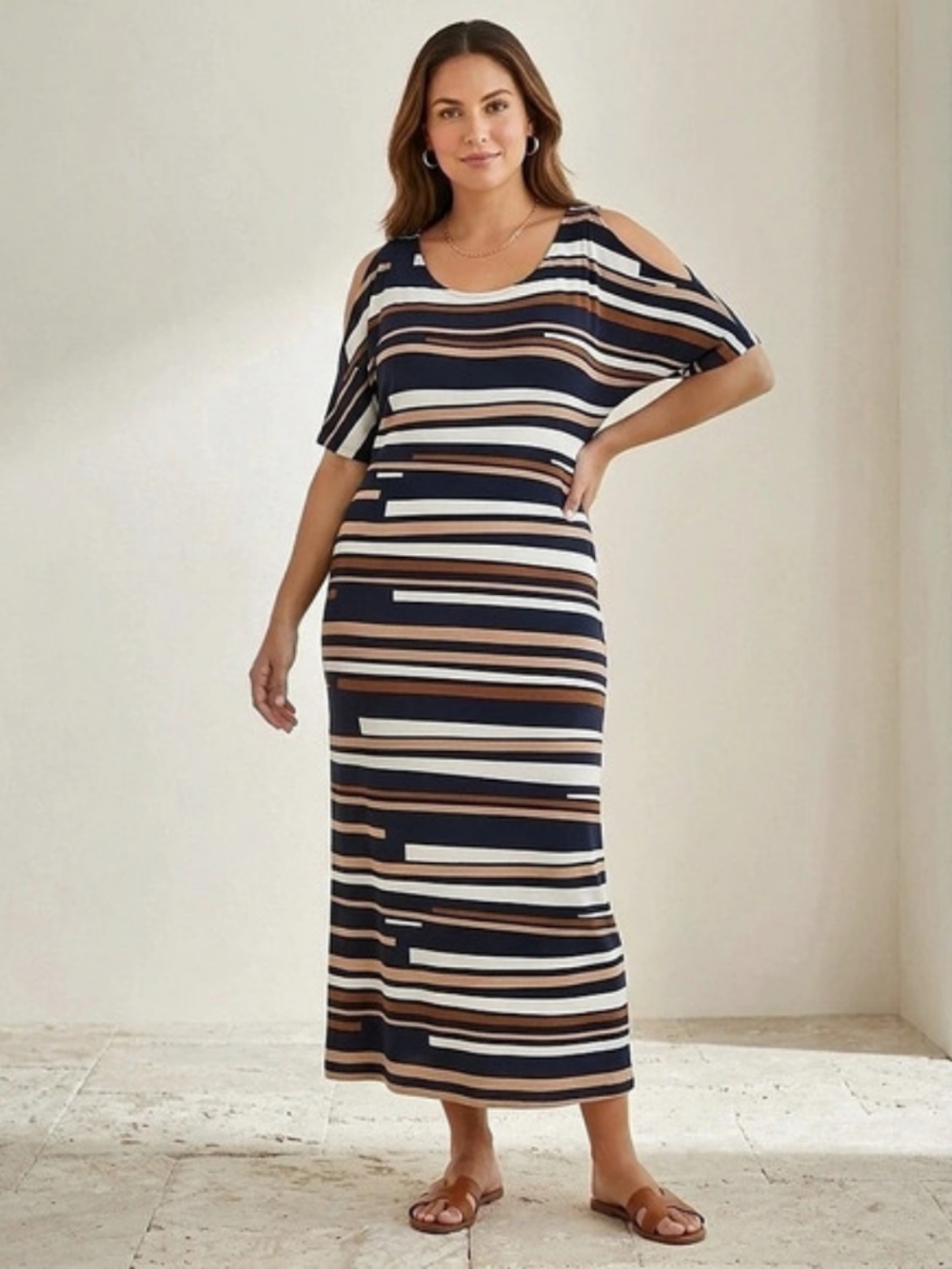 Chico's Travelers Striped Cold Shoulder Knit Top Midi Size 1 M Navy Brown Chic